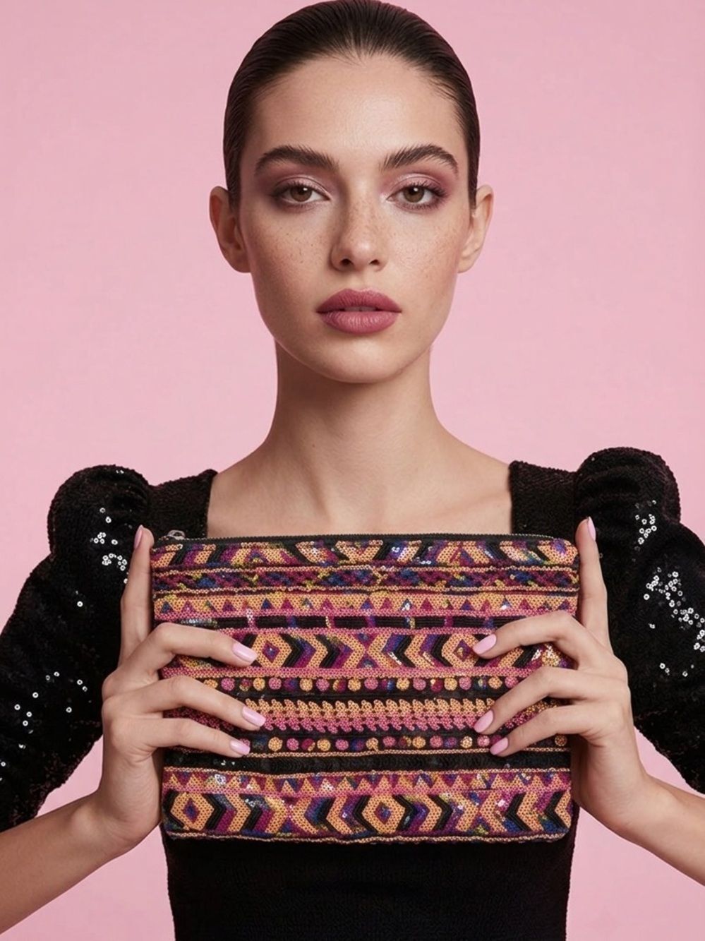 UNBRANDED | SEQUIN Aztec Print Small Clutch or Cosmetic Bag